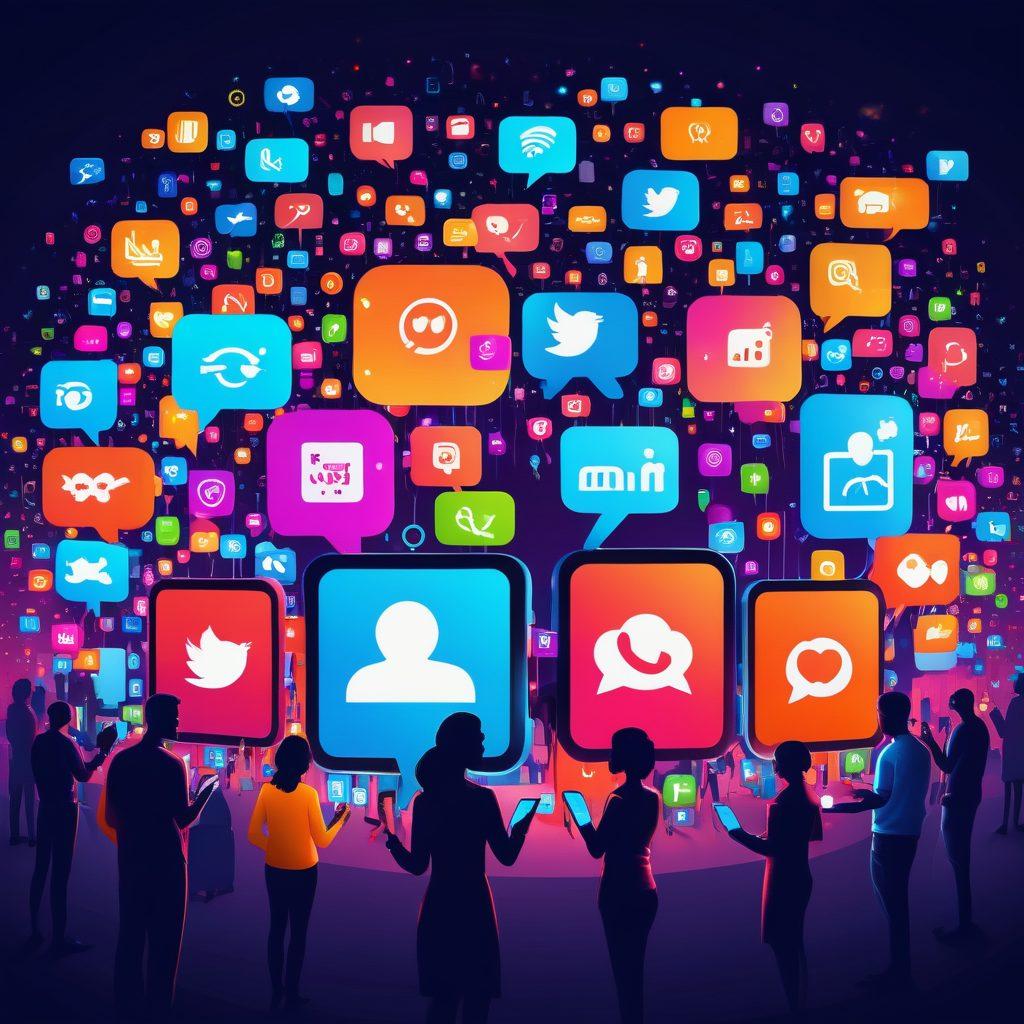 A diverse group of people joyfully interacting with digital devices, showcasing a vibrant online community. The background features colorful digital screens with social media icons and symbols of connectivity, symbolizing engagement. A warm, welcoming atmosphere with elements like chat bubbles and emojis floating around. Illustrate unity and collaboration among different cultures. vibrant colors. vector art. 3D.