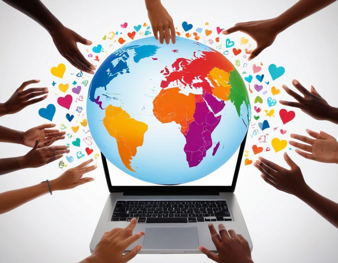 A diverse group of enthusiastic individuals engaging online, surrounded by vibrant symbols of community and support, such as hearts, hands, and digital devices. The background features a colorful representation of a globe, symbolizing global connection and the impact of the nonprofit. Soft lighting adds warmth to the scene, conveying a sense of inviting community. super-realistic. vibrant colors. white background.