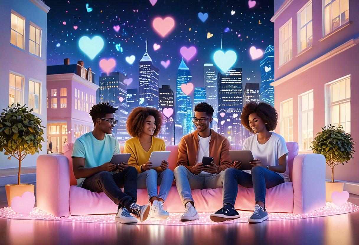 A diverse group of friends connecting through digital devices, surrounded by holographic communication symbols and floating hearts, symbolizing virtual connections. Include soft pastel colors for a warm feel, with an urban backdrop visible in the distance. The scene should evoke a sense of unity and belonging in the digital world. vibrant colors. 3D.